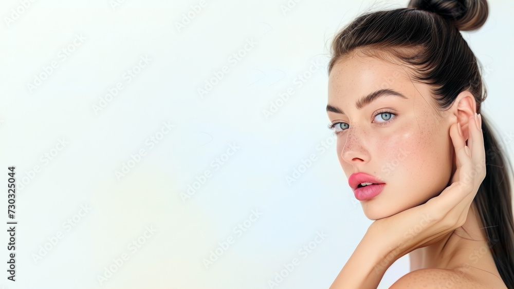 portrait of a beautiful natural woman with no makeup touching her soft perfect skin looking at camera isolated on bright, light color background with copy space for text. Skin care, cosmetic concept. portrait of a beautiful natural woman with no makeup touching her soft perfect skin looking at camera isolated on bright, light color background with copy space for text. Skin care, cosmetic concept.