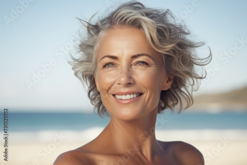 Beautiful happy smiling gray haired woman on the sea beach. AI Generated