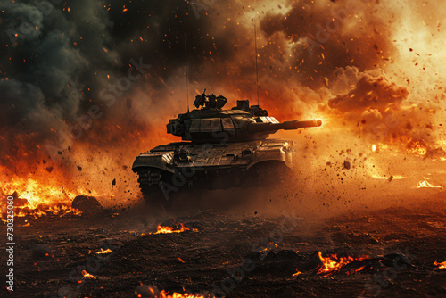 Military tank advancing through explosive battlefield. Armed conflict and warfare.