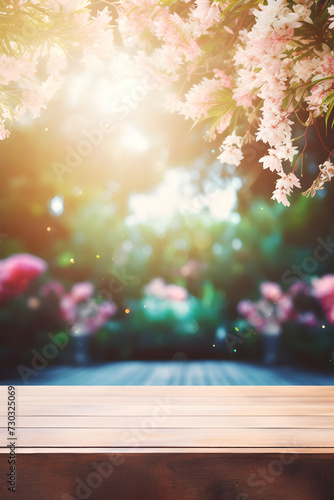 Empty wooden table mockup with defocused blooming flowers, green plants and evening glow in background, summer vacation and travel concept © Maria Shchipakina
