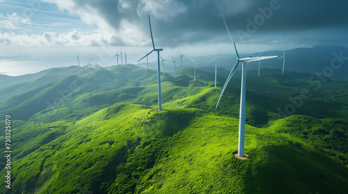 Group of Wind Turbines on Top of Lush Green Hillside