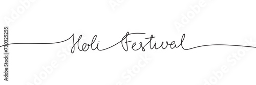 Holi Festival one line continuous text banner for holiday. Handwriting line art inscription Holi Festival. Hand drawn vector art.