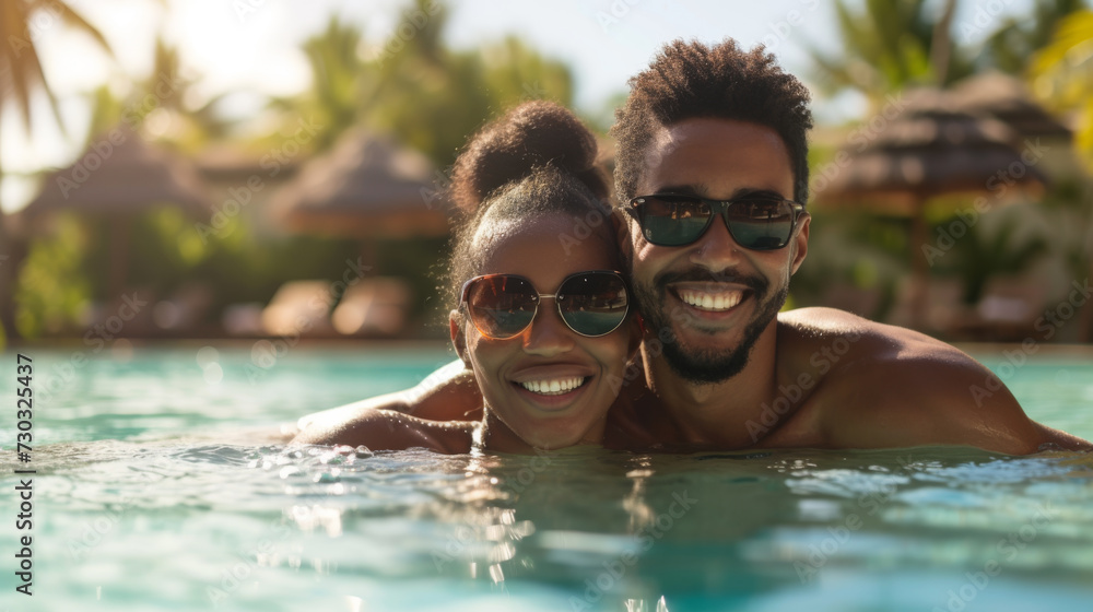 happy couple wearing sunglasses and smiling at the camera while embracing in a swimming pool on a sunny day with palm trees in the background.