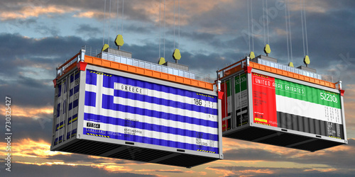 Fototapeta Naklejka Na Ścianę i Meble -  Shipping containers with flags of Greece and United Arab Emirates - 3D illustration