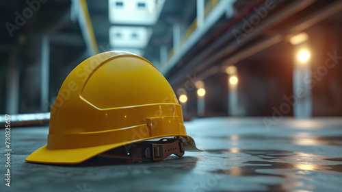 High end yellow construction helmet at a concrete building construction site. yellow hard safety hat with copy space for text.