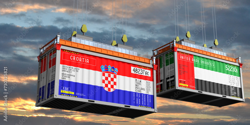 Shipping containers with flags of Croatia and United Arab Emirates - 3D illustration