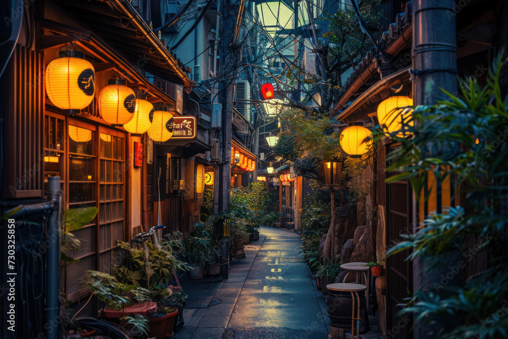 Fototapeta premium Twilight view of atmospheric alley in Japan with traditional lanterns. Travel and exploration.