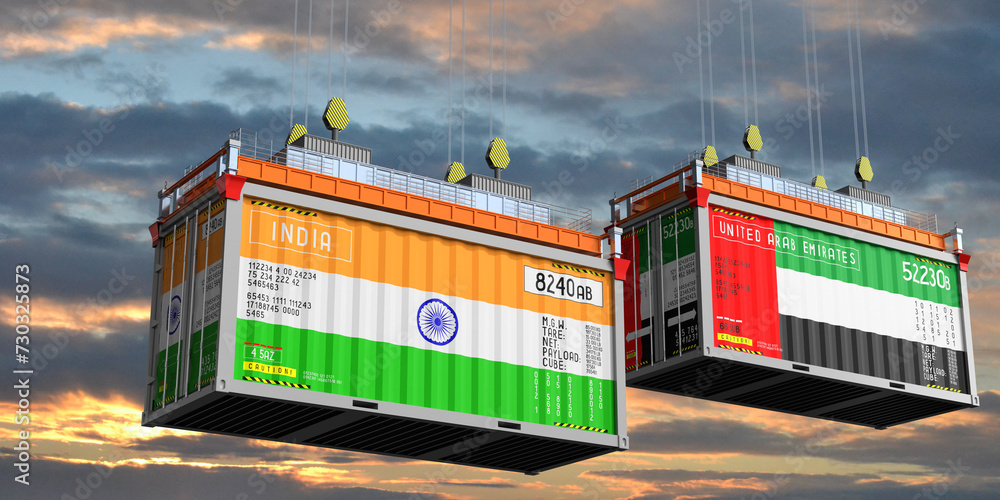 Shipping containers with flags of India and United Arab Emirates - 3D illustration