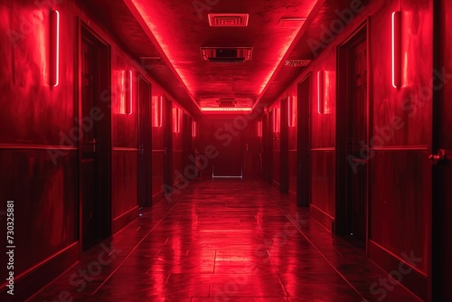 dark hallway with red neon lights up and down