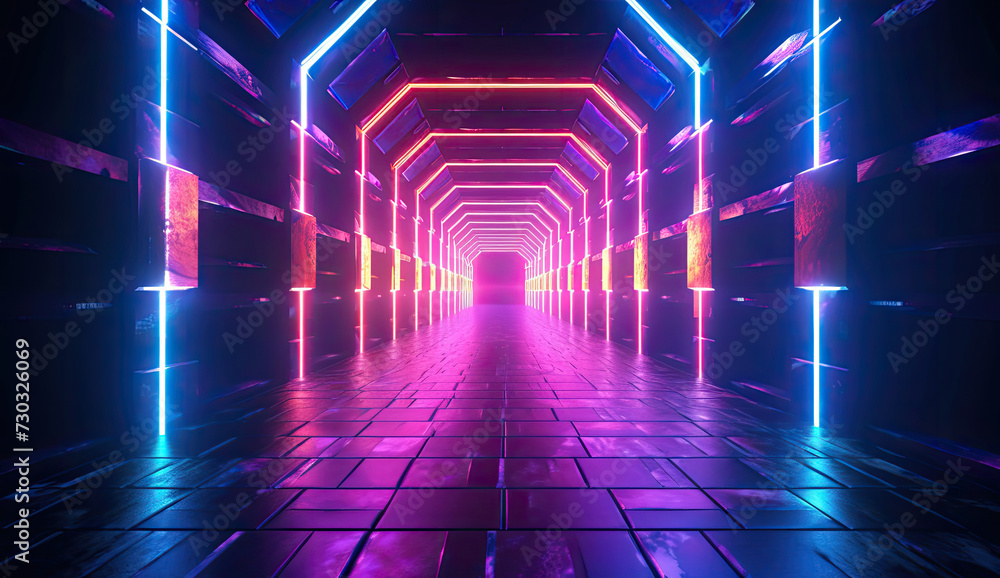 A Tunnel With Neon Lights and a Tiled Floor A Tunnel With Neon Lights and a Tiled Floor