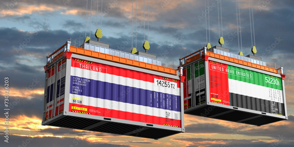 Shipping containers with flags of Thailand and United Arab Emirates - 3D illustration
