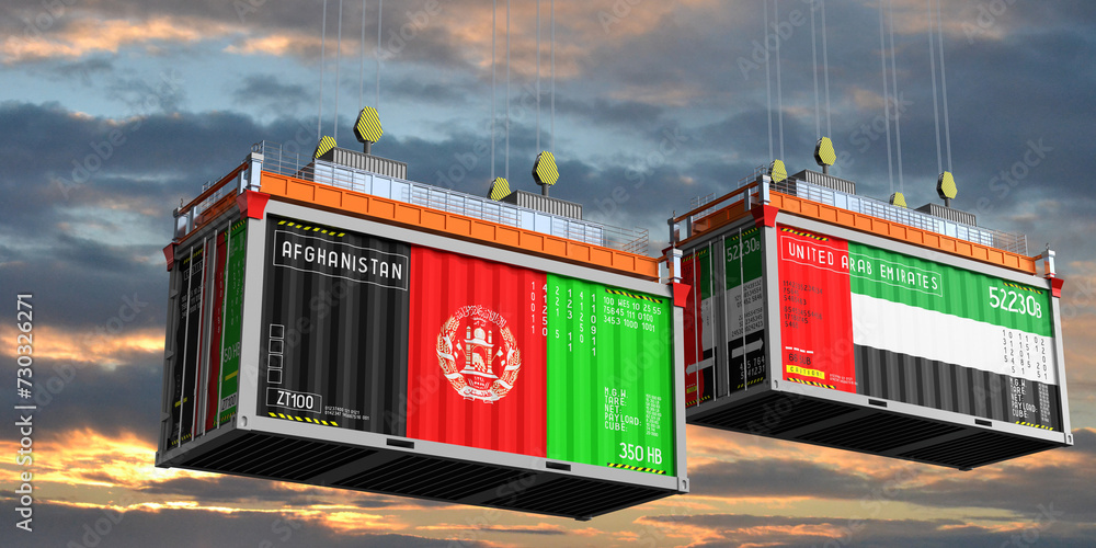 Shipping containers with flags of Afghanistan and United Arab Emirates - 3D illustration