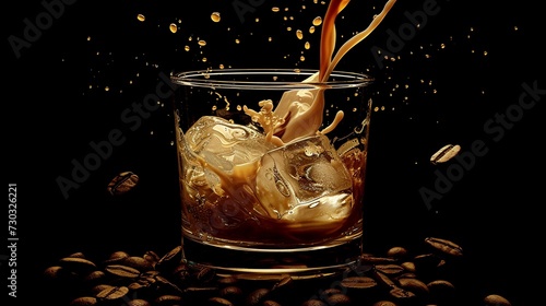 Pouring irish cream in a glass with ice, surrounded by coffee beans on a dark black background