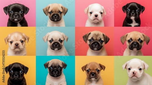 Portrait collection of adorable puppies, many headshots of adorable puppies in different types on colorful backgrounds.