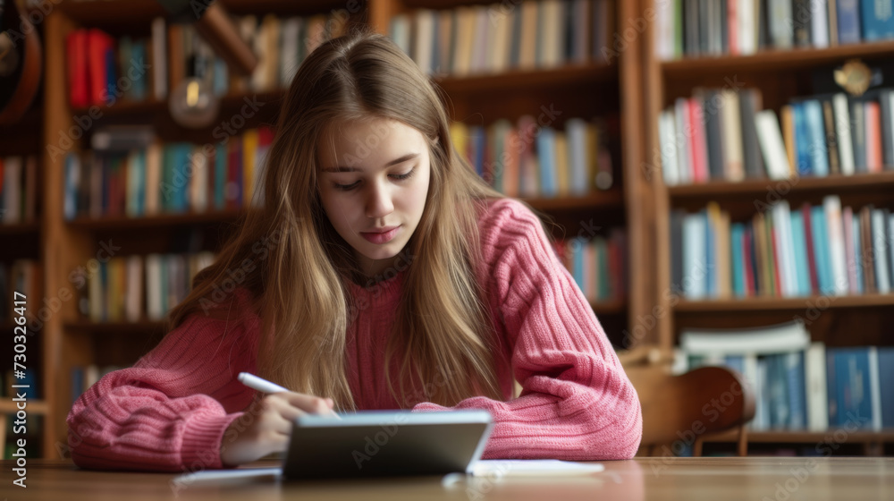a young woman is studying intently in a library, writing in a notebook while looking at a laptop screen, surrounded by bookshelves. a young woman is studying intently in a library, writing in a notebook while looking at a laptop screen, surrounded by bookshelves.