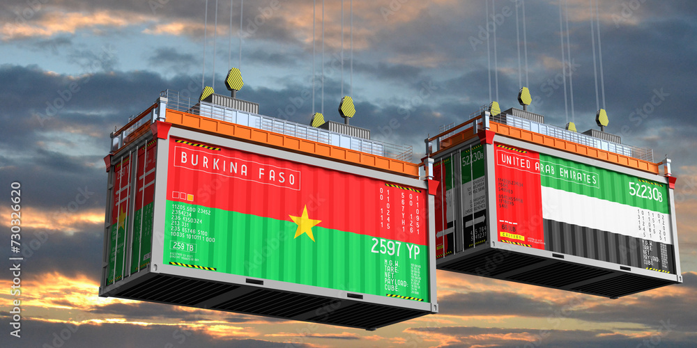 Shipping containers with flags of Burkina Faso and United Arab Emirates - 3D illustration