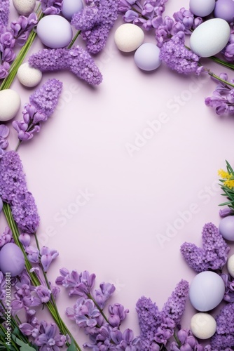 Lavender background with colorful easter eggs round frame