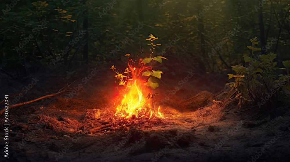 Campfire Illuminating Dense Forest Campfire Illuminating Dense Forest