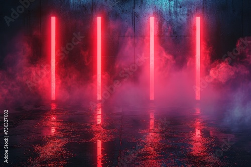Empty show scene background. Reflection of a dark street on wet asphalt. Rays of red neon light in the dark, neon shapes, smoke. Abstract dark background.