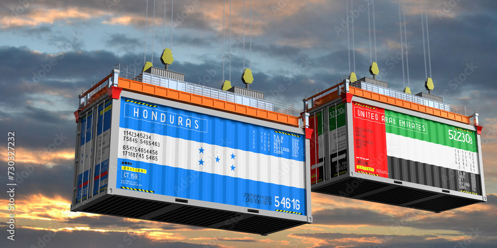 Shipping containers with flags of Honduras and United Arab Emirates - 3D illustration