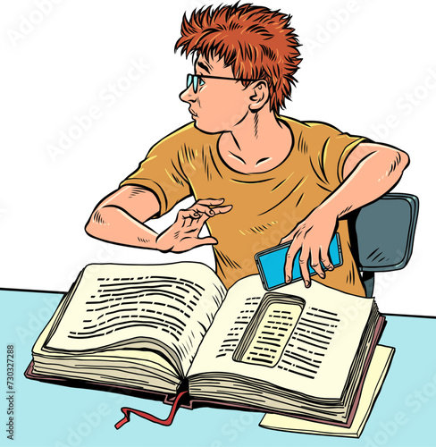 Knowledge is transformed into new forms. A boy in glasses with a book and a phone. Hide secrets from prying eyes. Pop Art Retro