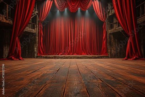 Empty theater stage with wood plank floor and open red curtains 3D Rendering