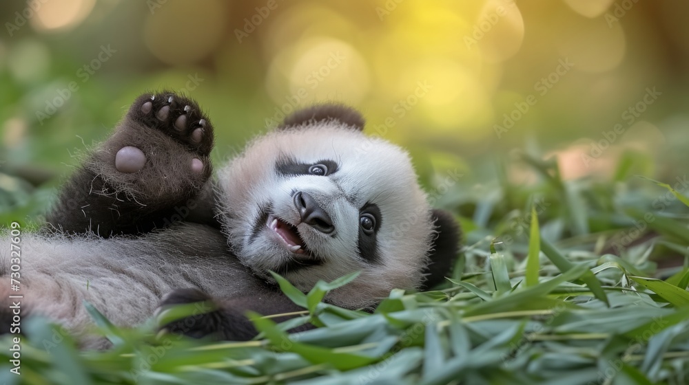 A panda cub tumbles and rolls in the playful innocence of youth
