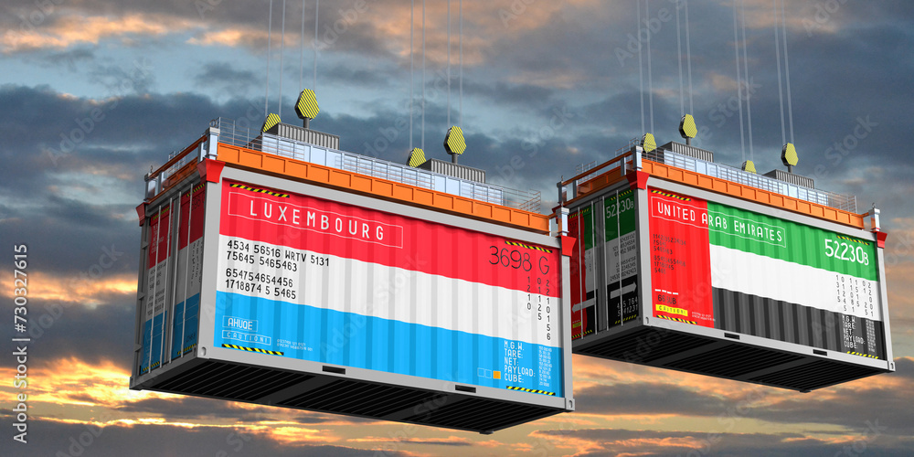 Shipping containers with flags of Luxembourg and United Arab Emirates - 3D illustration