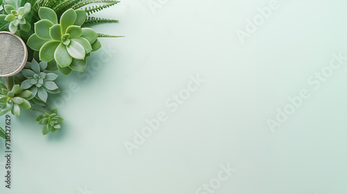 Flat lay of succulent composition on blue background with copy space