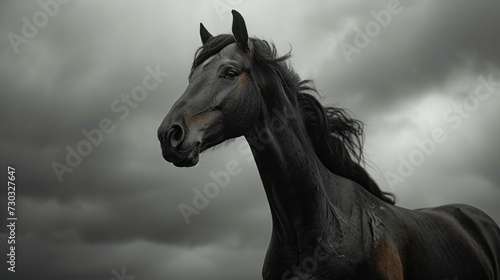 A powerful, ebony horse stands tall against a dramatic, cloudy sky