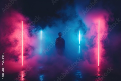Fog in red blue neon light on black background. © abstract Art
