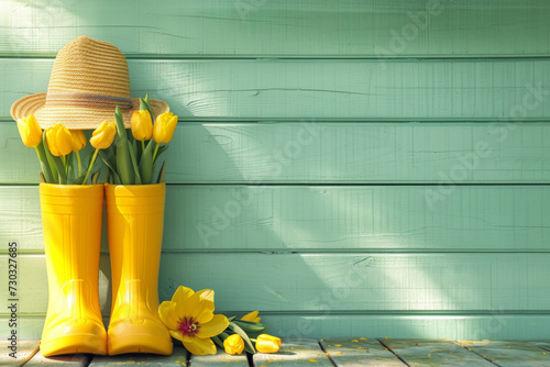 Sunny spring wall with yellow rubber boots standing firmly on the ground, each filled with fresh tulips. This minimalistic composition celebrates the awakening of nature with colorful blooms and sun