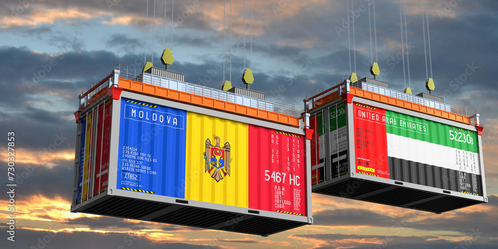 Shipping containers with flags of Moldova and United Arab Emirates - 3D illustration