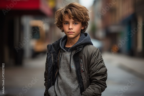 Portrait of a handsome young boy in a city street. Outdoor shot.