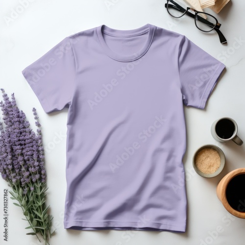 Lavender t shirt is seen against a gray wall