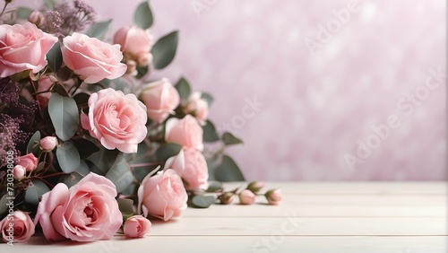 Bouquet of pink roses with eucalyptus branches on wooden background