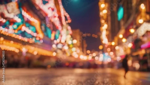 carnival night and colorful lights with people walking, blurred vision photo