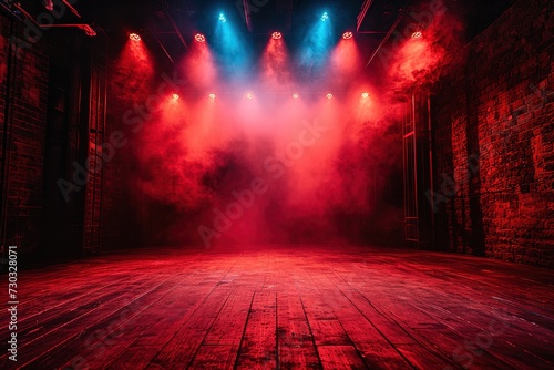 frontal photo of stage floor in dark room, red lights, mist, Cinematic, Photoshoot, Shot on 65mm lens, Shutter Speed 1 4000, F 1.8 White Balance, 32k, Super-Resolution, Pro Photo RGB, Half rear Lighti photo