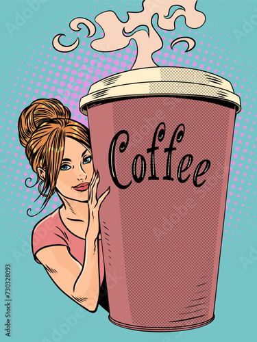 Seasonal advantageous offer from a coffee shop. The girl looks out to the left of the cup of coffee. A hot drink to warm you up. Pop Art Retro