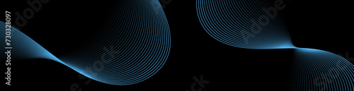 Abstract background with waves for banner. Web banner size. Vector background with lines. Element for design isolated on black. Blue and black gradient. Night, dark, water, ocean