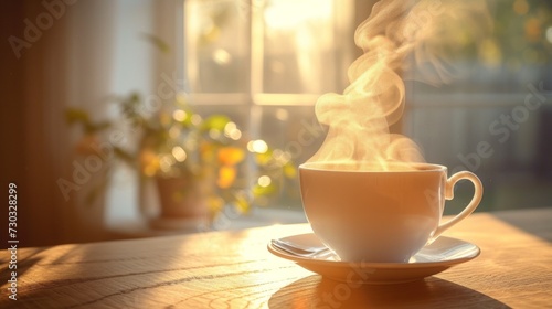 Steam rises from a freshly brewed coffee cup, creating a comforting morning scene