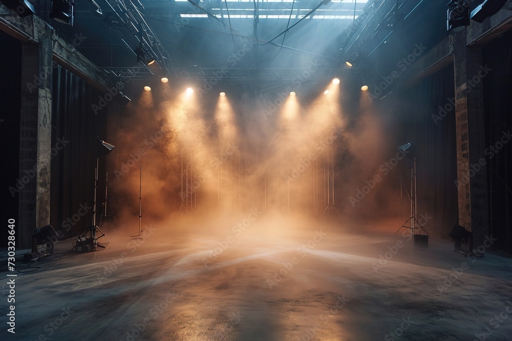 Immerse yourself in an ethereal world: empty dark stage transformed with mist, fog, and brown spotlights, perfect for showcasing artistic works and products. technology.