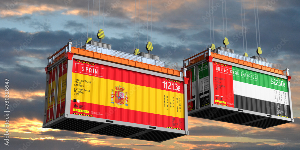 Shipping containers with flags of Spain and United Arab Emirates - 3D illustration