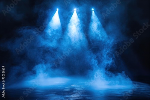 Illuminated stage with scenic lights and smoke. Blue vector spotlight with smoke volume light effect on black background. Stadium cloudiness projector