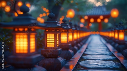 Rows of radiant lanterns illuminate the scene, exuding a warm and celebratory...