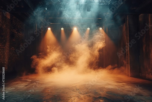 Immerse yourself in an ethereal world  empty dark stage transformed with mist  fog  and brown spotlights  perfect for showcasing artistic works and products. technology.