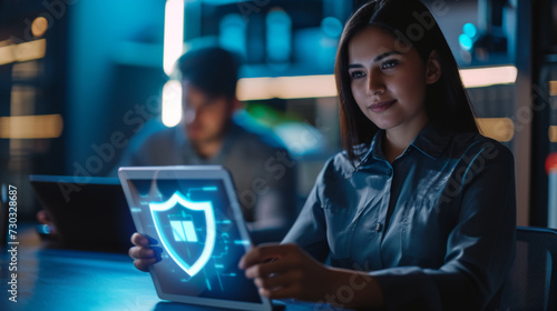 young woman in a dark room is holding a tablet displaying a glowing cybersecurity shield symbol photo