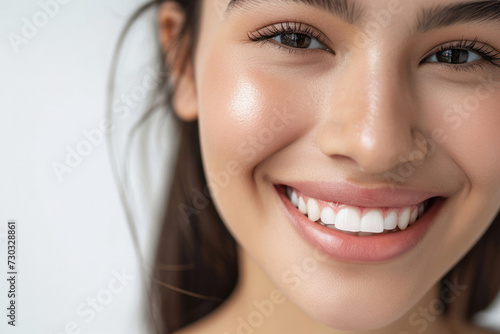 Close-up portrait of smiling young woman with flawless skin. Beauty and skincare.