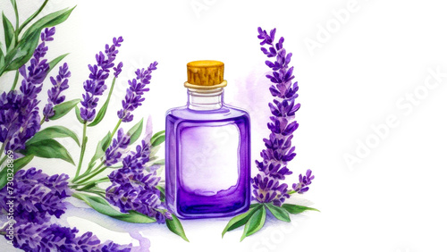 Essential Aromatic oil in bottle and fresh lavender twigs on white. Fresh lavender flowers and oil. For aromatherapy  alternative medicine or perfumery  naturopathy. Banner  copy space for text