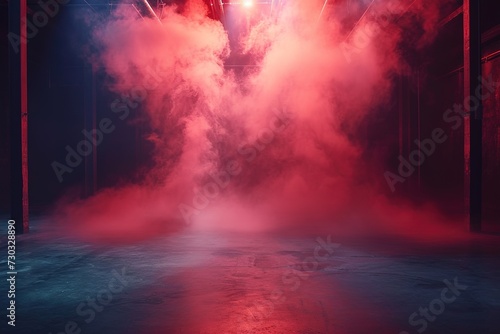 immerse yourself in an ethereal world: empty dark stage transformed with mist, fog, and red smoke, perfect for showcasing artistic works and products.